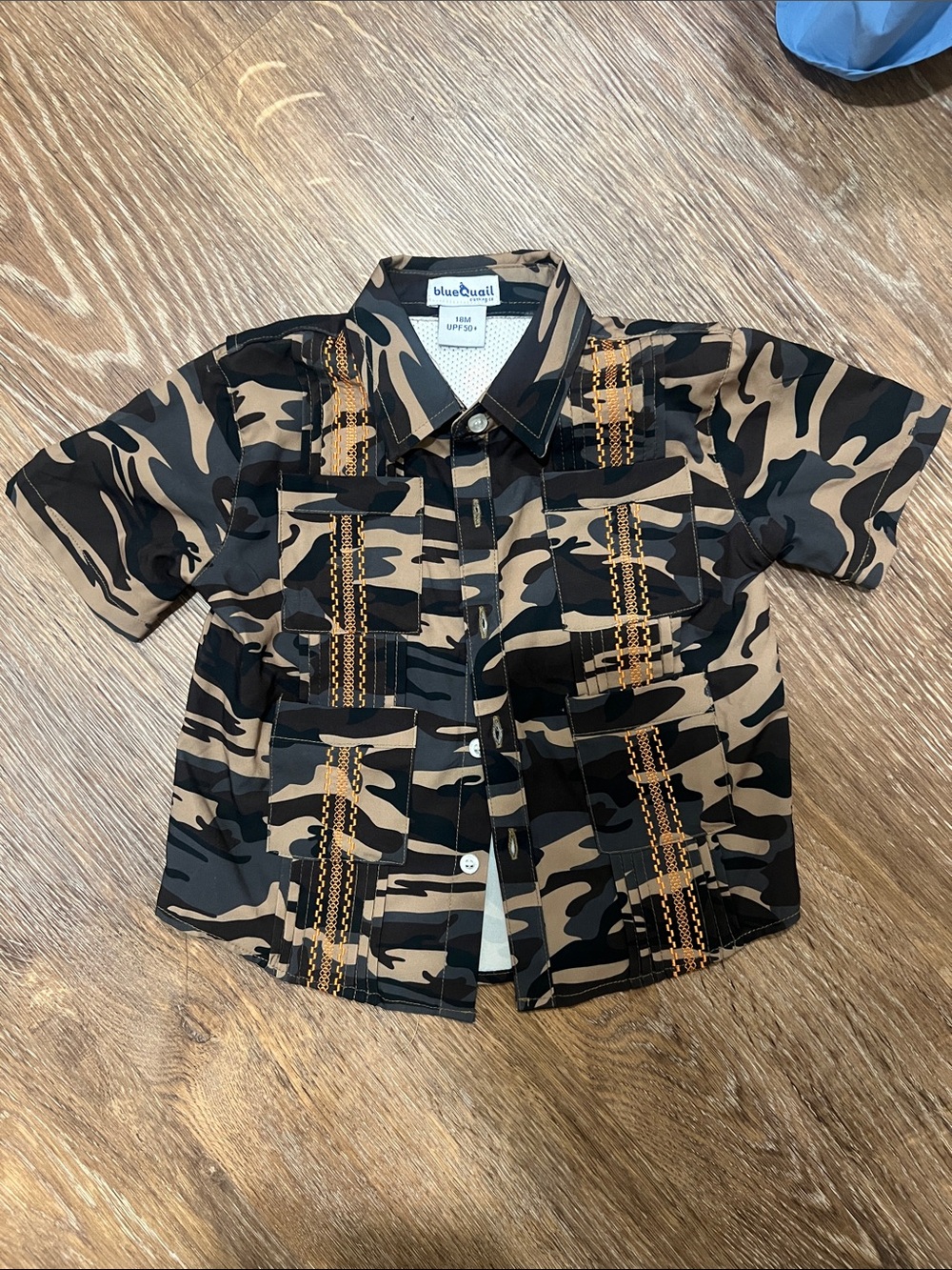 Boys Camo Short-Sleeve Button-Down Shirt with orange detail